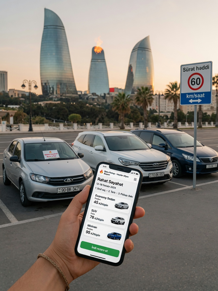 A hand holds a phone with a car-rental app in front of three rental