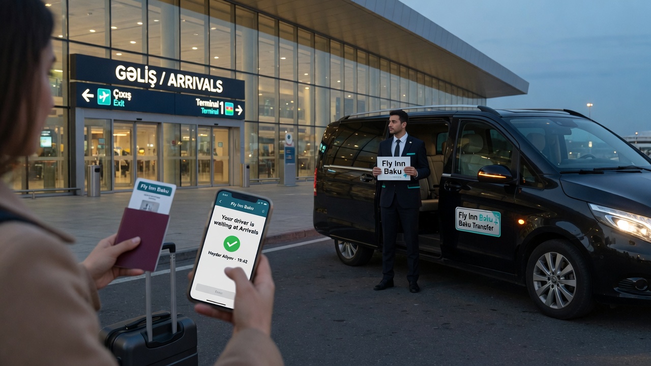 Traveler with a suitcase approaches a Fly Inn Baku transfer minivan at the Arrivals