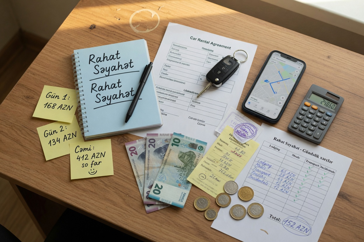 Top-down photo of a desk with car rental papers, AZN cash, calculator, a phone