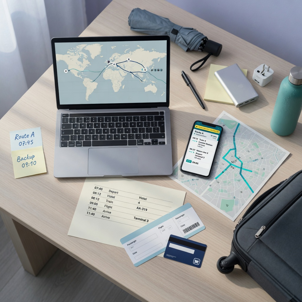 Overhead photo of a tidy desk flat lay for efficient business travel planning: laptop