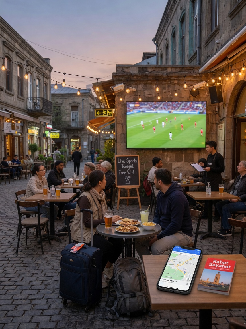 Travelers at an outdoor café abroad watching a match with sanitizer, exit sign, and